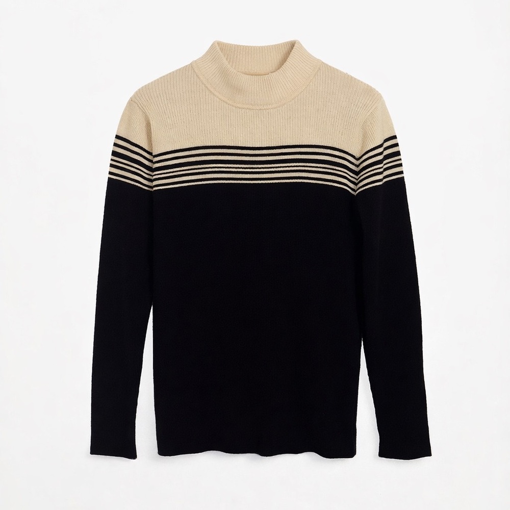 Appleseed’s Black/Cream Ribbed Cotton Mock Neck Sweater, sz L